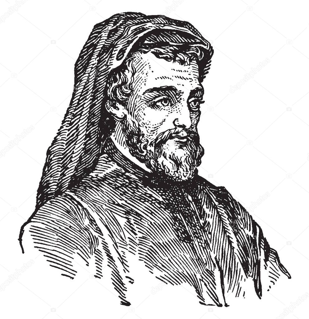 Geoffrey Chaucer, c. 1343-1400, he was famous English poet, author, philosopher, and astronomer, famous as Father of English literature, vintage line drawing or engraving illustration