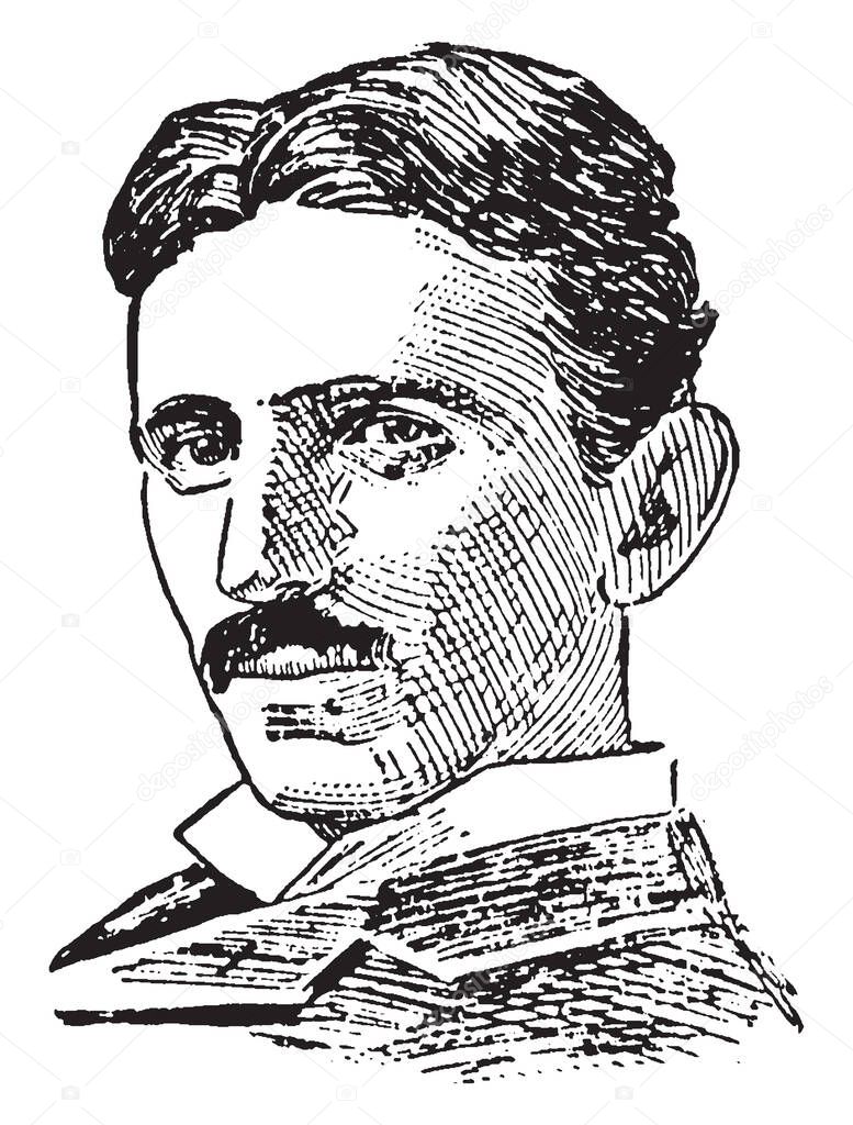 Nikola Tesla, 1856-1943, fue un inventor, ingeniero eléctrico, ingeniero  mecánico y físico, dibujo de líneas vintage o ilustración de grabado. 2023