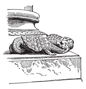 Griffe Poissy, ortaçağ mimari, onbeşinci yüzyıl onbirinci üzerinden süsleme ayağı, vintage çizgi çizme veya oyma illüstrasyon bazlar.