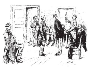 Doktor, vintage çizgi çizme veya oyma illüstrasyon için askerler nerede bekliyor hastane içine bir resim gösteriyor.