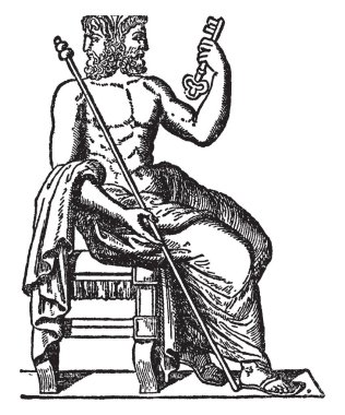 A Janus, the Roman god, who is seated on his throne. He has two head & he has holding large key in his hand, vintage line drawing or engraving illustration. clipart