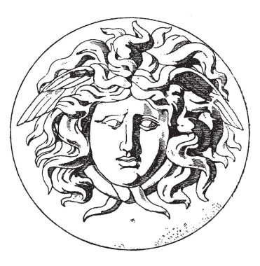 Bir Fransız tasarım, vintage çizgi çizme veya oyma illüstrasyon madalyon Medusa başı olduğunu.