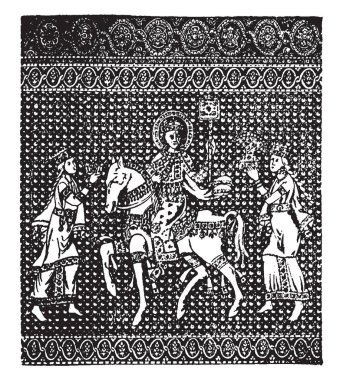 Byzantine Fabric have one horse and three man in this pattern, vintage line drawing or engraving illustration. clipart