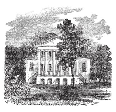 This is an Oak Hill Plantation was James Monroe's estate in Loudoun County, Virginia. This is a huge home, vintage line drawing or engraving illustration. clipart