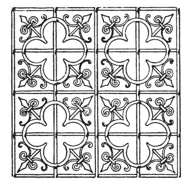 Geç Gotik desen 15.yüzyılda koro ekran, ferforje, vintage çizgi çizme veya oyma illüstrasyon yapılmış.