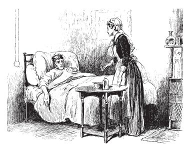 Hasta bir adam yatağa yaslanmış ve bir hemşire bakımı, vintage çizgi çizme veya oyma illüstrasyon ayakları duruyor.