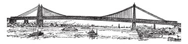 Yeni Doğu Nehri Köprüsü Ny dünya, vintage çizgi çizme veya oyma illüstrasyon en büyük süspansiyon köprüdür.