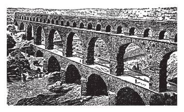 Roman aqueduct, in order to bring water from often distant sources, into  cities and towns, supplying public baths, vintage line drawing or engraving illustration. clipart