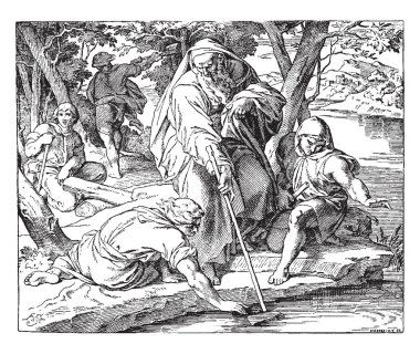 Elisha Causing Iron to Swim, this scene shows a standing man putting axe in water and two men sitting near him and one man putting hand in water, trees and men in background, vintage line drawing or engraving illustration clipart