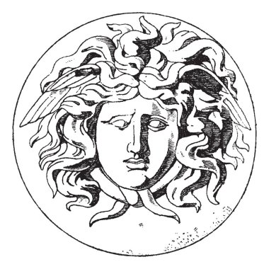 Medusa başı heykeli. Medusa, Yunan mitolojisinde bir Gorgon, saç, vintage çizgi çizme veya oyma illüstrasyon yılanlara bir ejderha benzeri yaratık haline dönüştürdü ölümlü bir kadın vardı..