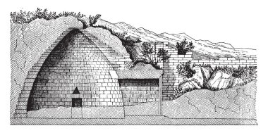 Hazine Atreus dil etiket açıklama, hiçbir açıklama tanımlanan, hazine Atreus Mycenae, bir grup düz yuvarlak diskleri, vintage çizgi çizme veya oyma illüstrasyon.