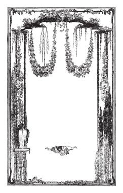 Asma kenarlığa sahip çanak çömlek, vintage çizgi çizme veya oyma çizim bir parça ile.