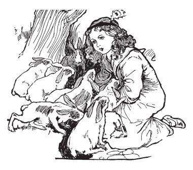 Bunnies, bu sahne çok sayıda tavşan, vintage çizgi çizme veya oyma illüstrasyon küçük bir kızla gösterir.