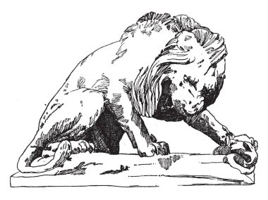 Aslan Tuileries Paris, vintage çizgi çizme veya oyma illüstrasyon bir sarayda buldum bir aslan heykeli olduğunu.