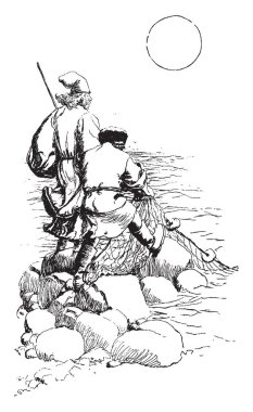 Suçu yatıyordu, bu sahneyi iki adam ayakta su balık ağı ile kayalarda, arka plan, vintage çizgi çizme veya oyma illüstrasyon güneşte gösterir