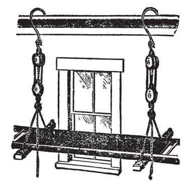 Bu resimde salıncak oturmak ya da heights, vintage çizgi çizme veya oyma illüstrasyon görevlerini yerine getirirken stand için işçiler tarafından kullanılan iskele temsil eder..