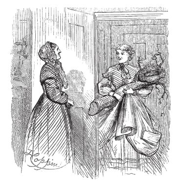 Ağaç dalı ve onunla konuşmaya başka bir kadın tutan bir kadın vintage satır çizim veya gravür illüstrasyon