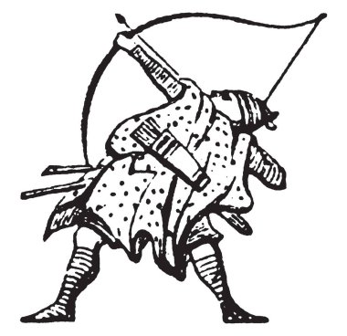 Archer yukarı yön, vintage çizgi çizme veya oyma illüstrasyon hedefine doğru ateş ediyor.