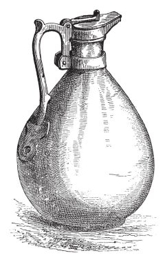 Bronz şişe, vintage illüstrasyon kazınmış.