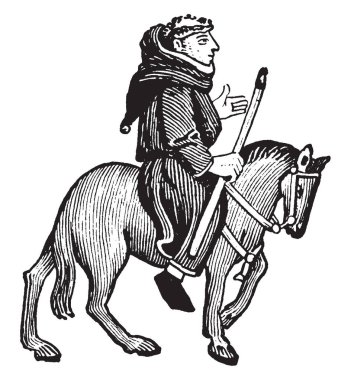 The Friar from Chaucer's Canterbury Tales, this picture shows The Friar riding on horse and holding stick in right hand, vintage line drawing or engraving illustration clipart
