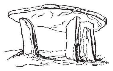 Dolmen genellikle bir büyük düz taştan oluşan, genellikle toprak veya daha küçük taşlar ve açık kanıtlar, vintage çizgi çizme veya oyma illüstrasyon yokluğu ile kaplı.