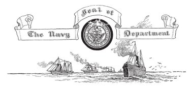 Daire içinde o kartal Deniz Kuvvetleri Departmanı, bu mühür ve Amerika Birleşik Devletleri mühür gösterir gemi ve deniz, gemi, kuşlar ve deniz altında vintage çizgi çizme veya illüstrasyon oyma have 