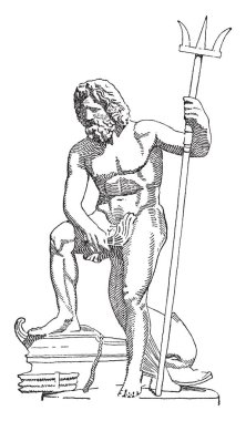 Bu çerçevede bir insan heykeli vardır. O bir taş bir yaya ile ayakta ve onun sağ kolu, vintage çizgi çizme veya oyma illüstrasyon trident yok.