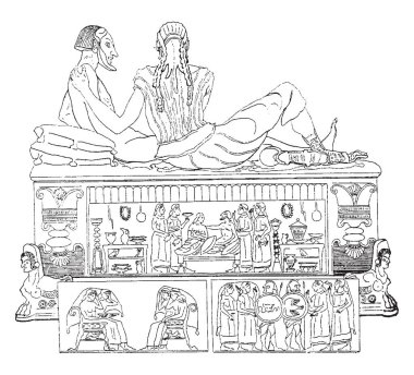 Etruria arkadan görünüm Terricotta lahit Caere, vintage çizgi çizme veya oyma illüstrasyon olduğunu.