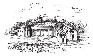 Çiftlik avlusu, vintage illüstrasyon kazınmış.