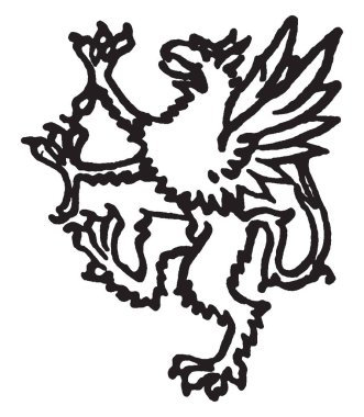 Baş ve kanatları kartal ve aslan, vintage çizgi çizme veya oyma illüstrasyon gövdesini ile efsanevi bir yaratık.