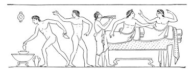 Masaya servis, sonra bir vazo boyama, vintage illüstrasyon kazınmış