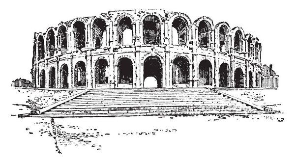 Amphitheater  of Arles,  a Roman amphitheatre in the southern French town, Roman amphitheatre is probably the most prominent tourist attraction, vintage line drawing or engraving illustration.