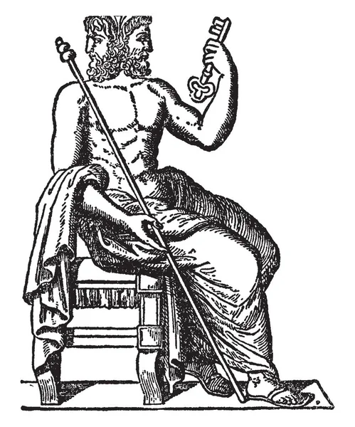ヤヌス ローマの神は 彼の玉座に座っています つの頭を持っている 彼は彼の手 ビンテージの線の描画や彫刻イラストで大きなキーを押し — ストックベクタ