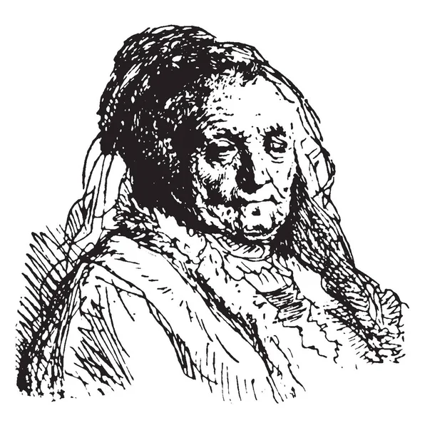Retrato Mãe Rembrandt Desenho Linha Vintage Ilustração Gravura —  Vetores de Stock