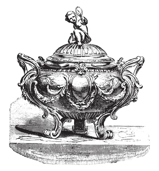 Sugar Bowl Silver Louis Xvi Style Vintage Engraved Illustration Industrial — Stock Vector
