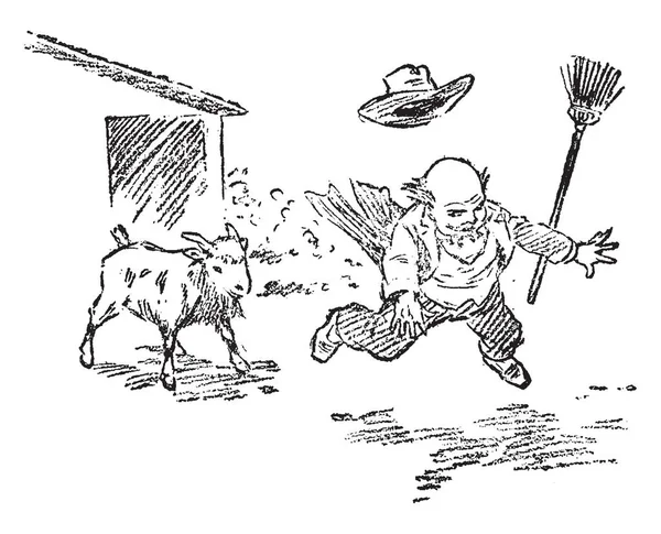 Man Falling Sheep Knocked Him Vintage Line Drawing Engraving Illustration — Stock Vector