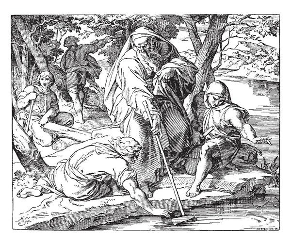 エリシャに泳ぐ原因鉄 このシーンは斧を入れて水と彼のそばに座っている二人の男と一人の男が水 木と背景 ビンテージの線描画や彫刻イラストの男性に手を入れて立っている人を示しています — ストックベクタ