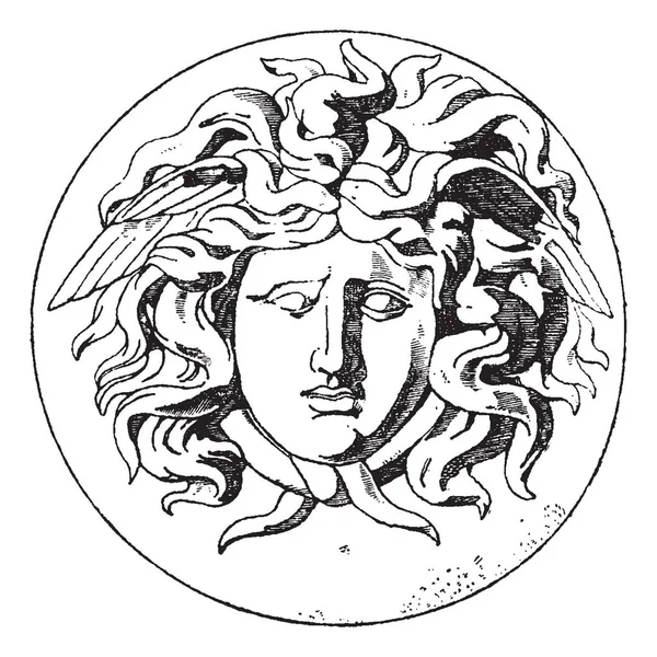 メデューサの頭の像 メデューサは ギリシャ神話のゴルゴン 髪の毛 ビンテージの線描画や彫刻イラストの蛇と龍のような生き物に変身人間女であった — ストックベクタ