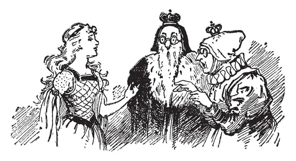 このシーンは古い王と冠 ビンテージの線描画や彫刻イラストと古い女王と話している若い女の子を示しています — ストックベクタ