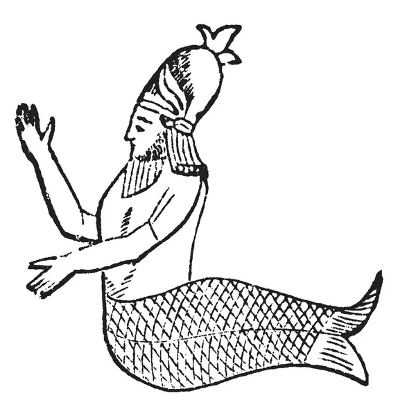 男のような半体と人魚 ビンテージの線描画や彫刻イラストとして知られている魚のような半体を持つ男のイメージ — ストックベクタ