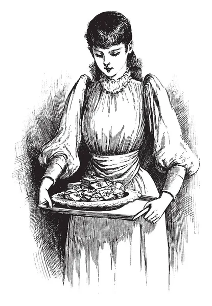 Een Dame Houdt Voedsel Plaat Handen Vintage Lijntekening Gravure Illustratie — Stockvector
