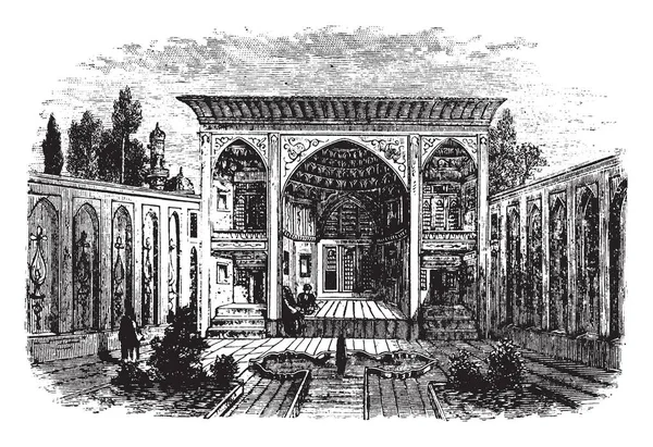 Perzische Palace Welke Heldere Eetkamer Afhaalmaaltijden Met Betegelde Vloeren Terugdraaien — Stockvector
