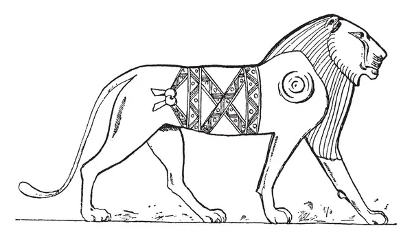 Egyptian Lion Relief Sunken Outlines Vintage Line Drawing Engraving Illustration — Stock Vector