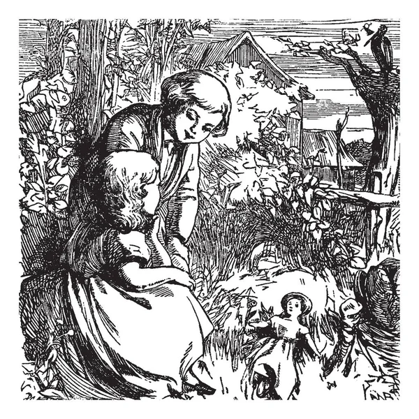 两个孩子坐在岩石上 周围是草和树 一个娃娃保持附近的小女孩 一个房子可以看到通过树木 复古线条画或雕刻插图 — 图库矢量图片