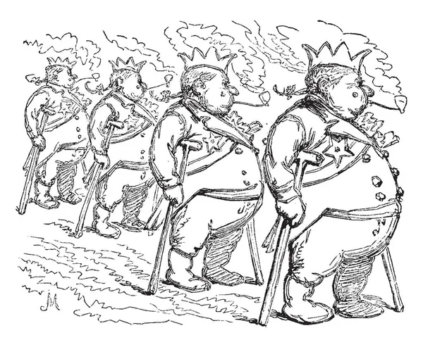 四名军官站在排队和吸烟管道 复古线条画或雕刻插图 — 图库矢量图片