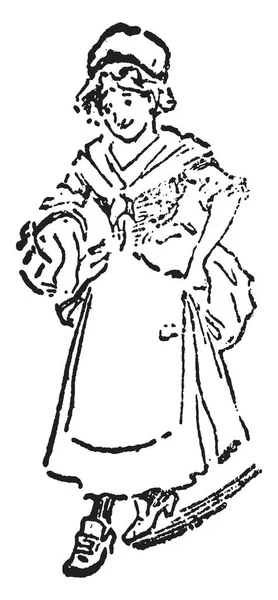 Une Femme Robe Longue Dessin Ligne Vintage Illustration Gravure — Image vectorielle