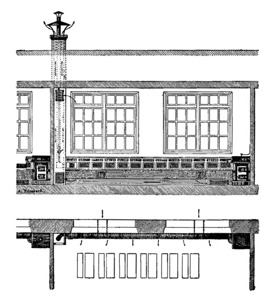 Heating School Room Vintage Engraved Illustration Industrial Encyclopedia Lami 1875 — Stock Vector