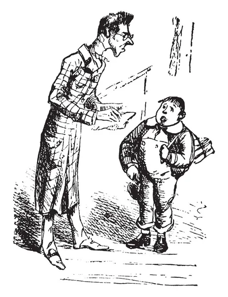 Hombre Sosteniendo Libros Hablando Con Niño Pequeño Pie Cerca Dibujo — Vector de stock
