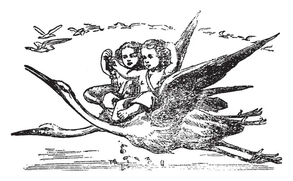 Dvě Děti Letící Ptáky Vintage Kreslení Čar Nebo Gravírování Obrázku — Stockový vektor