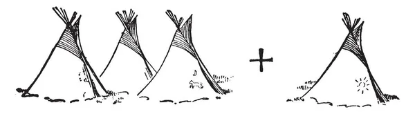 テントは避難所であります テントは遊牧民 キャンピングカー 被災者によって使用されます イラストはお互い ヴィンテージ線描画や彫刻イラストの近くに置かれてテントを示しています — ストックベクタ